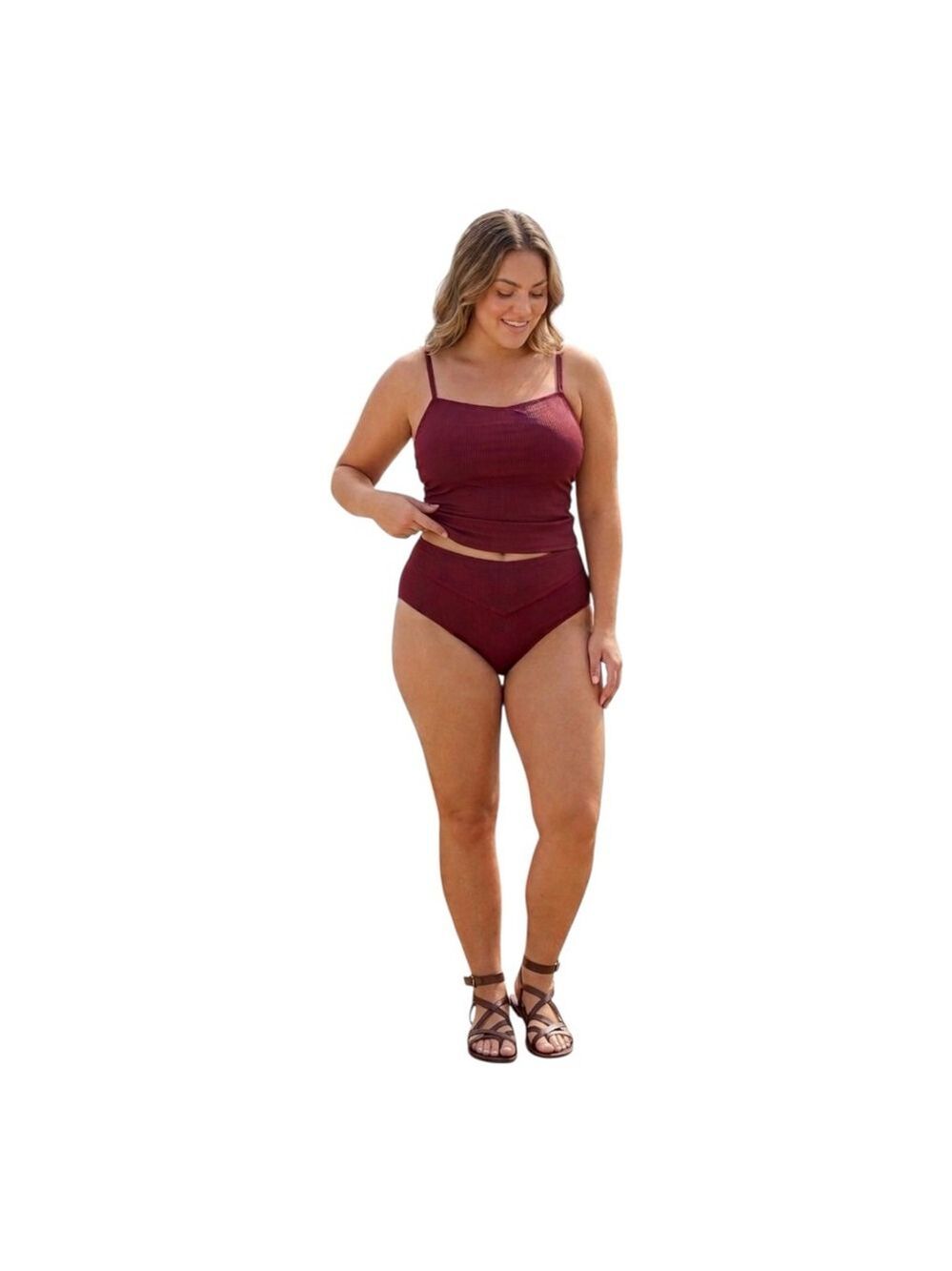 Eomenie Wine Red Ribbed Tankini Set Built In Bra High Waisted Bikini 3XL NWT